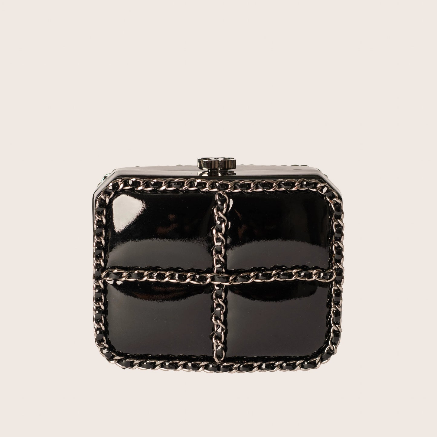 Chanel Black Patent Leather Chain Minaudiere Box Clutch Bag