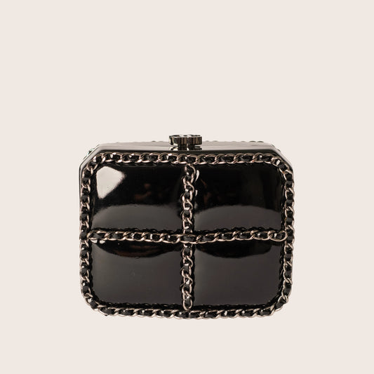 Chanel Black Patent Leather Chain Minaudiere Box Clutch Bag