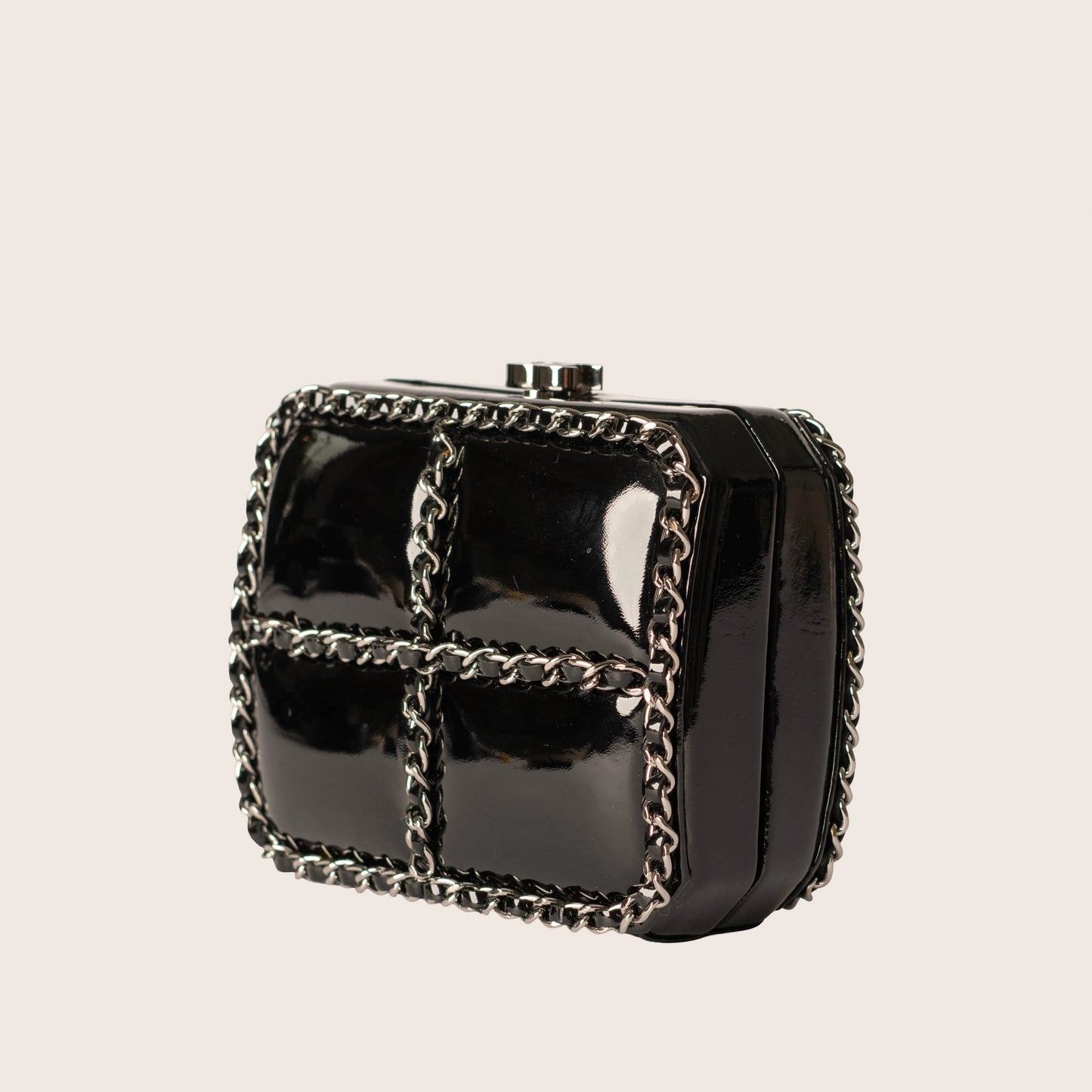Chanel Black Patent Leather Chain Minaudiere Box Clutch Bag