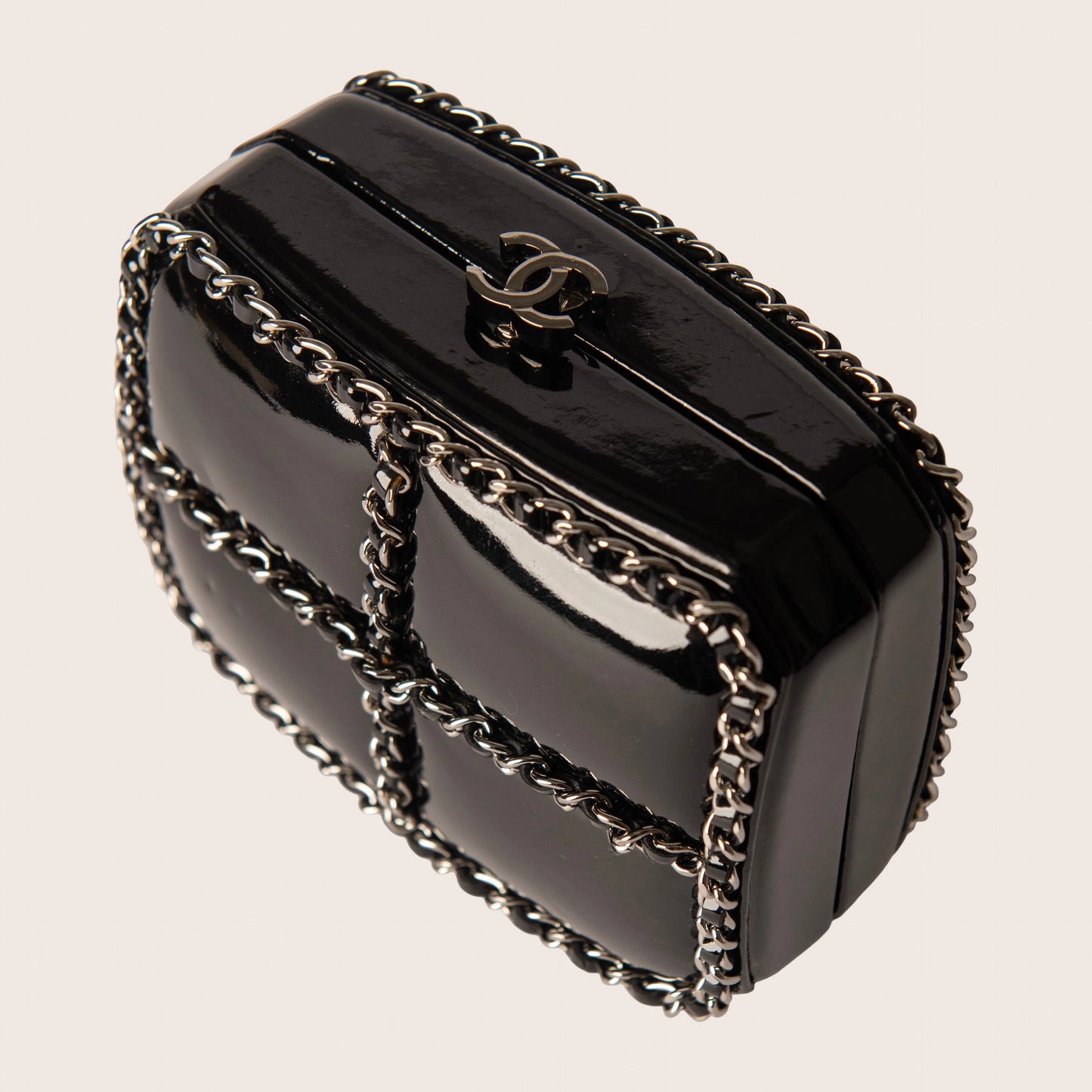 Chanel Black Patent Leather Chain Minaudiere Box Clutch Bag