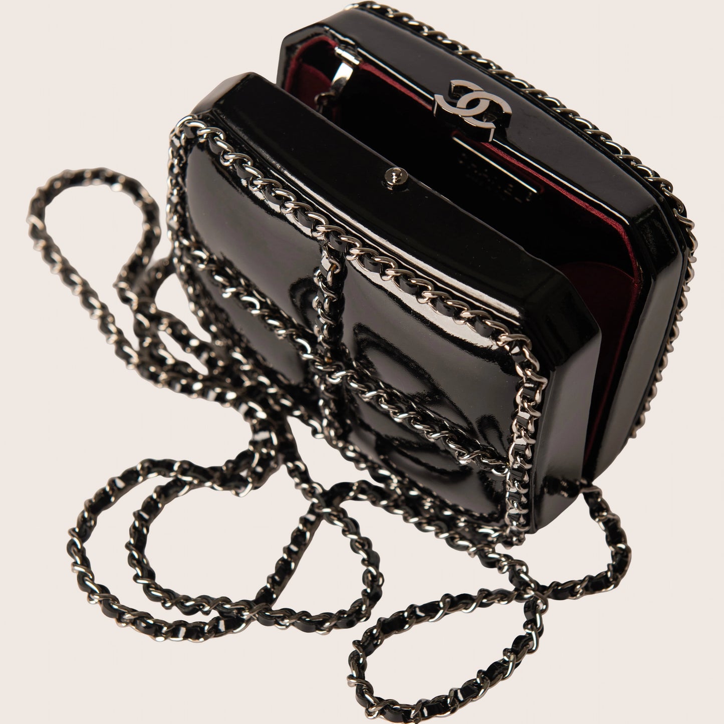 Chanel Black Patent Leather Chain Minaudiere Box Clutch Bag