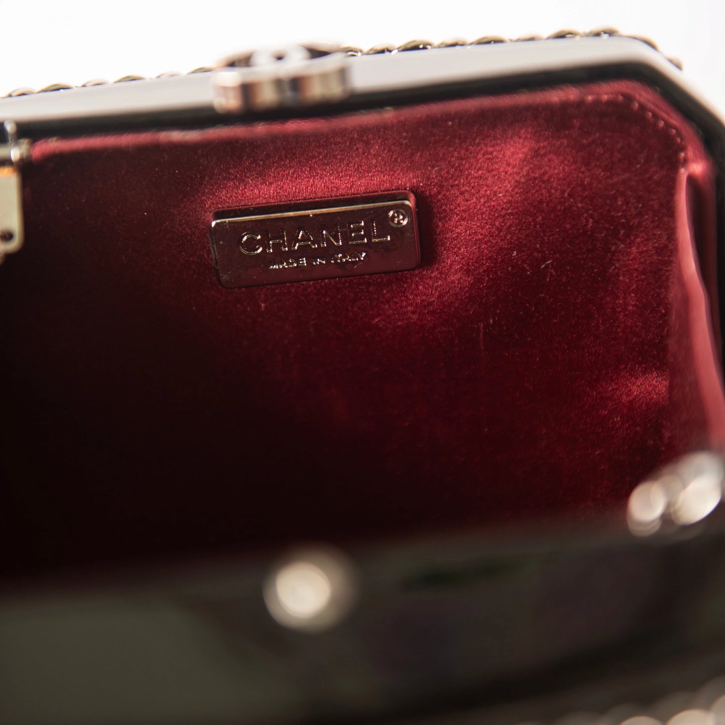 Chanel Black Patent Leather Chain Minaudiere Box Clutch Bag
