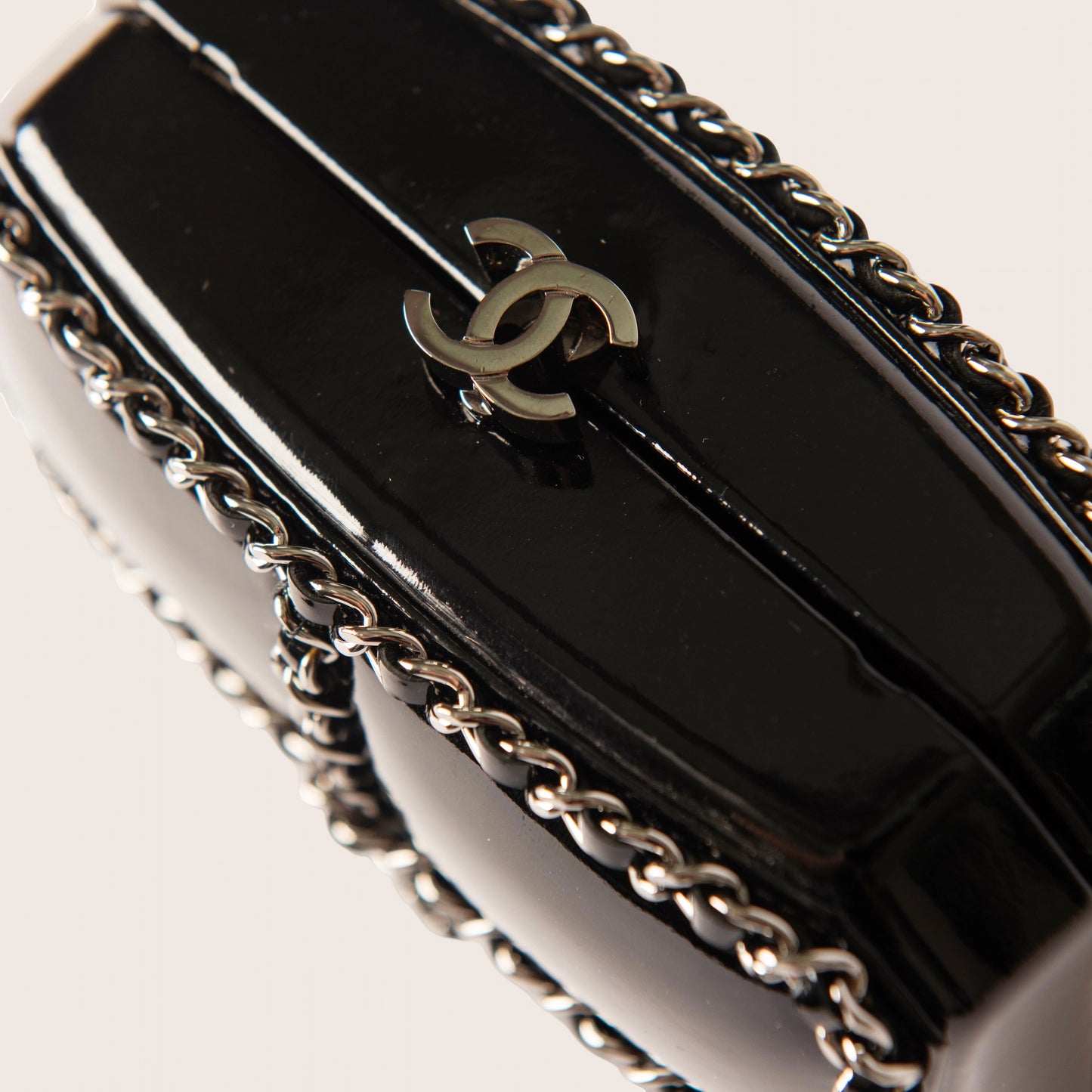 Chanel Black Patent Leather Chain Minaudiere Box Clutch Bag
