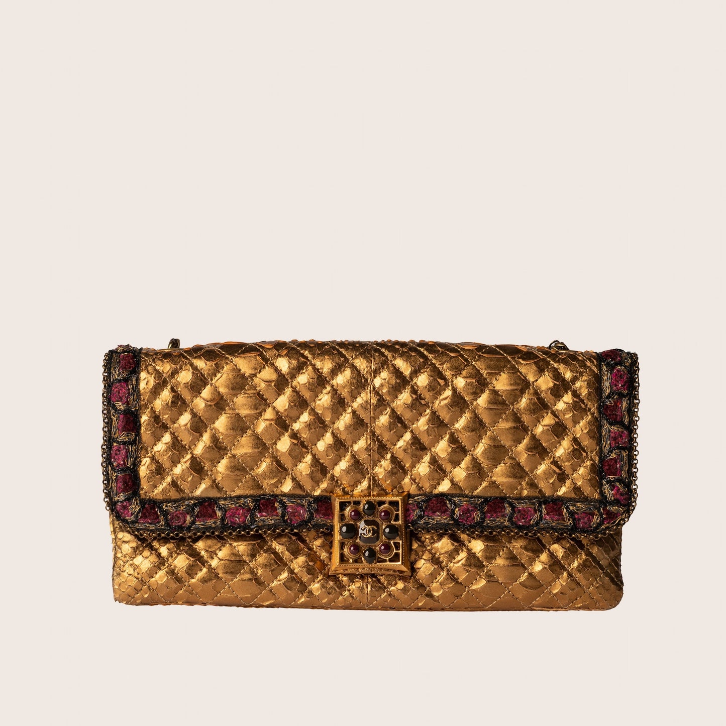 Chanel Vintage Gold Quilted Satin Shoulder Bag with Jeweled CC Clasp