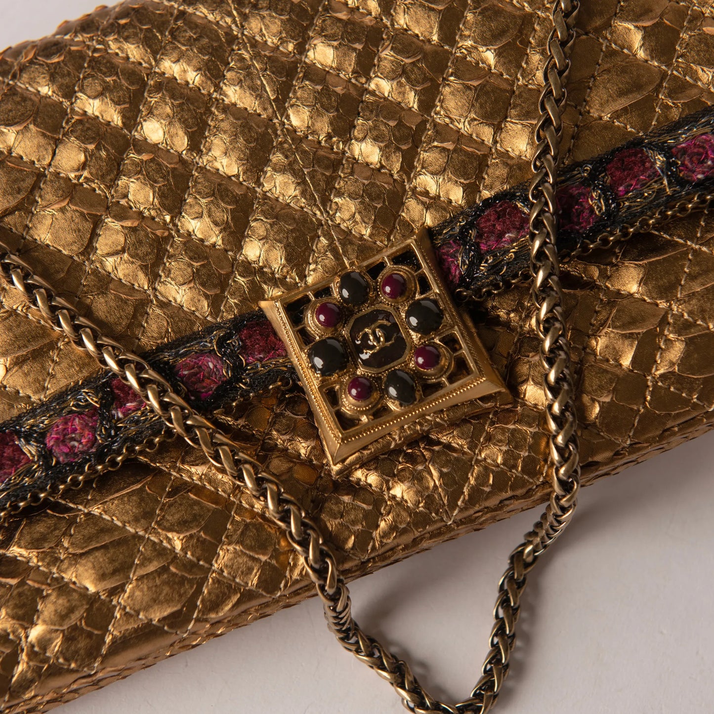 Chanel Vintage Gold Quilted Satin Shoulder Bag with Jeweled CC Clasp