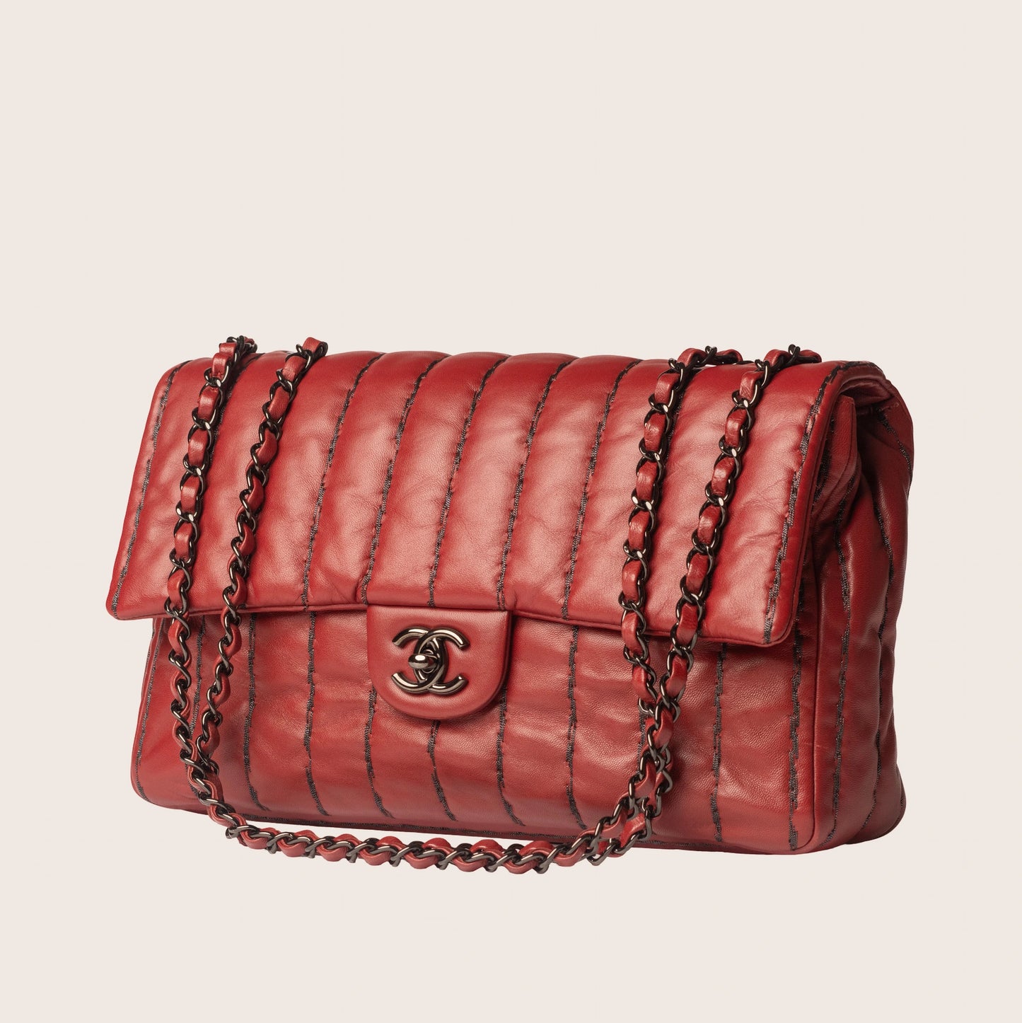 Chanel Vertical Stitch Flap Bag in Quilted Red Lambskin