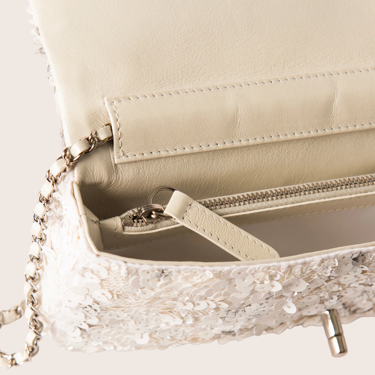 Chanel Silver/White Sequin East/West Flap Bag