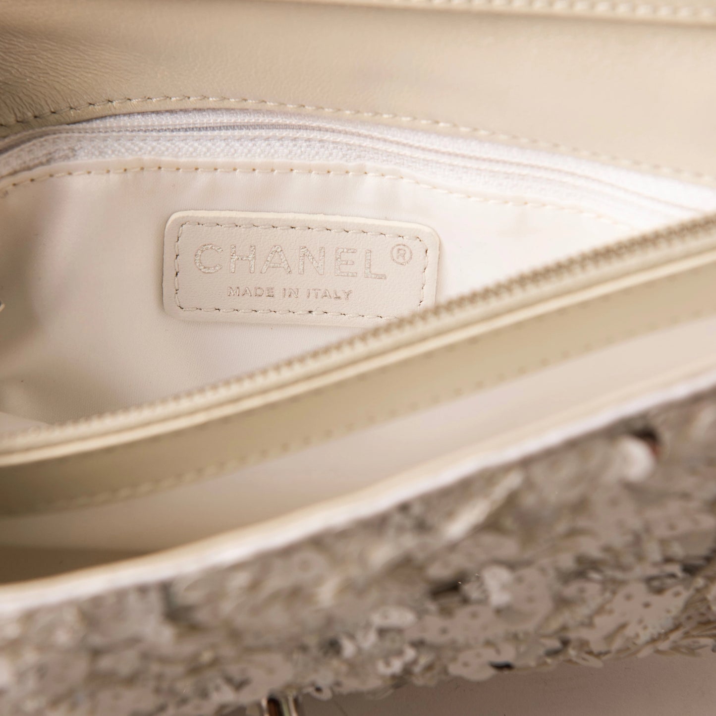 Chanel Silver/White Sequin East/West Flap Bag