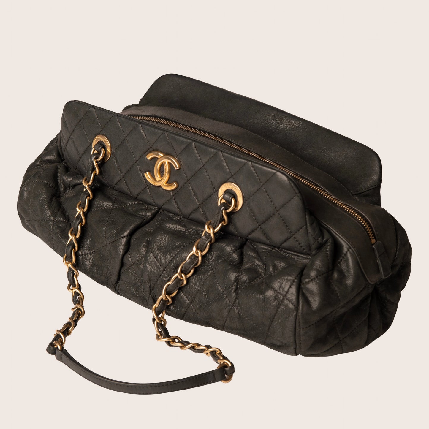 Chanel Black Quilted Iridescent Calfskin Chic Quilt Bowling Bag