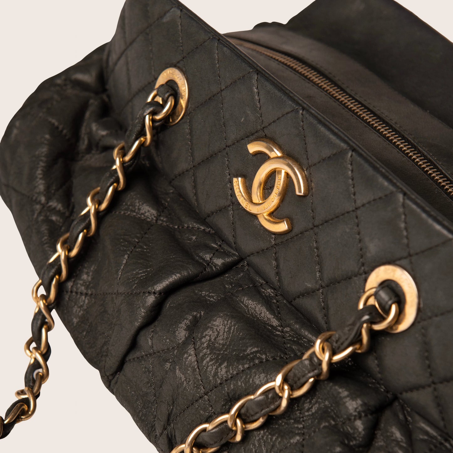 Chanel Black Quilted Iridescent Calfskin Chic Quilt Bowling Bag