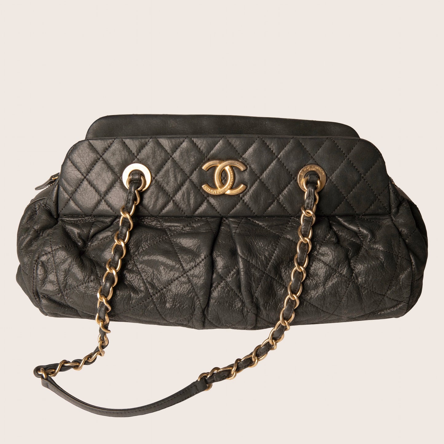 Chanel Black Quilted Iridescent Calfskin Chic Quilt Bowling Bag