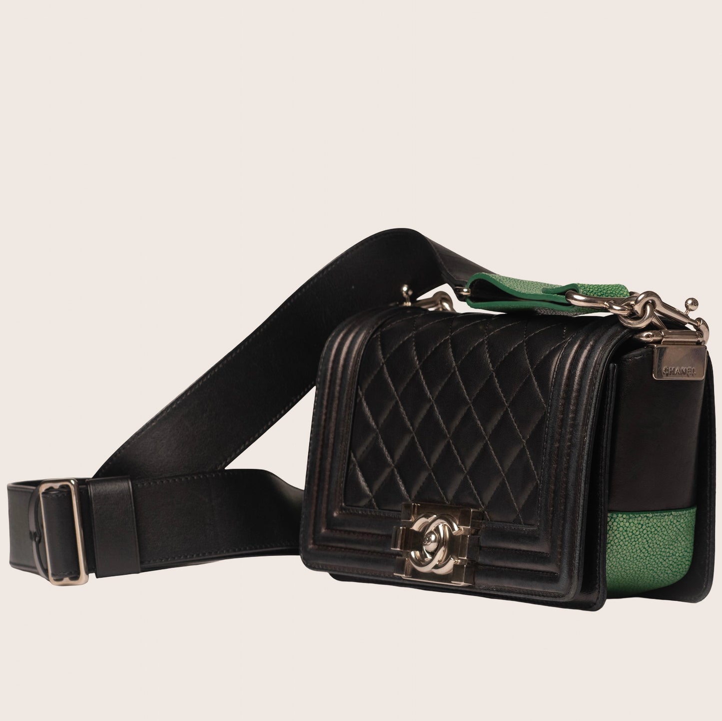 Chanel Black Quilted Lambskin Green Stingray Small Boy Bag Silver Hardware