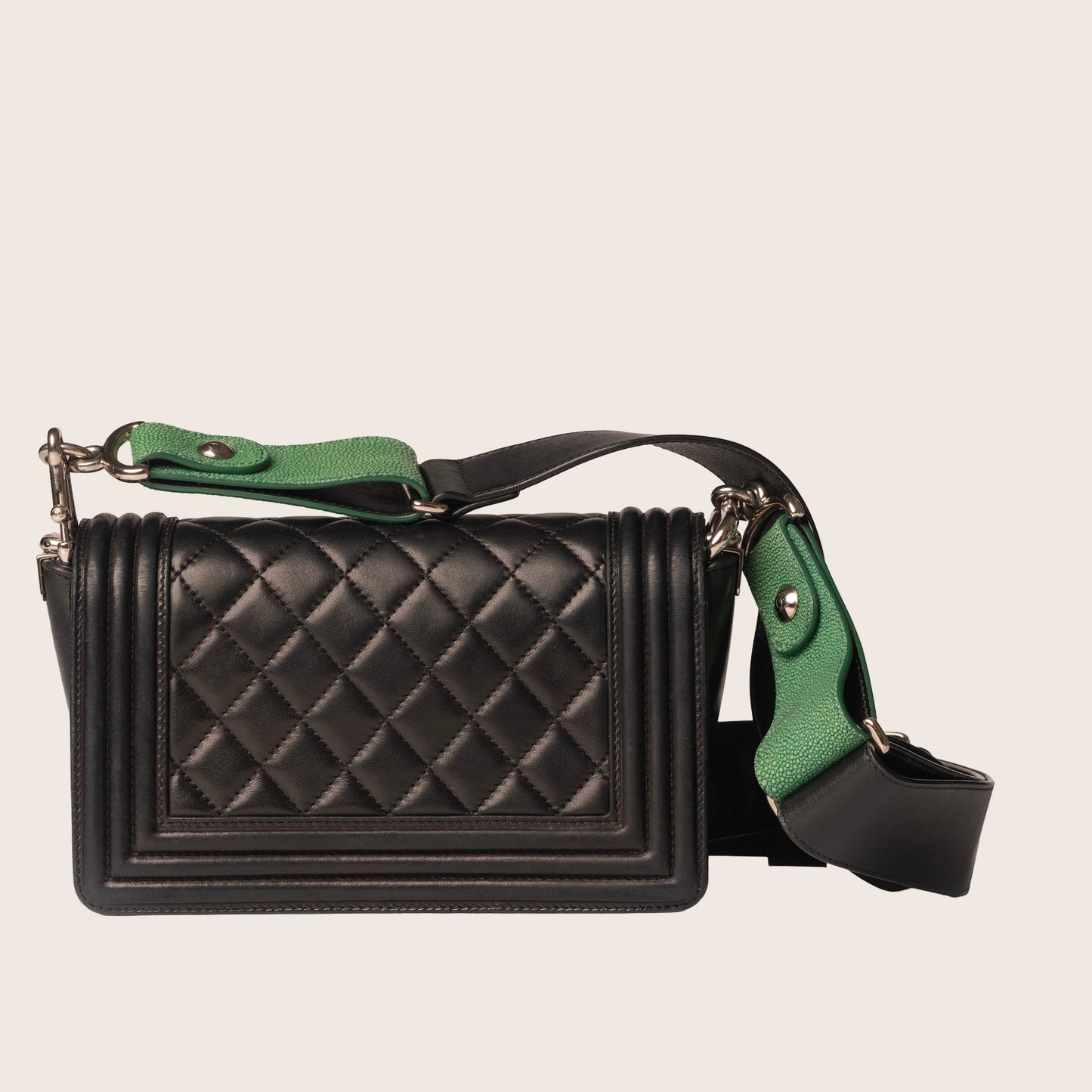Chanel Black Quilted Lambskin Green Stingray Small Boy Bag Silver Hardware