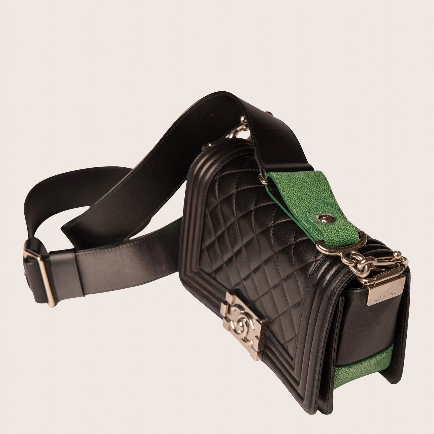 Chanel Black Quilted Lambskin Green Stingray Small Boy Bag Silver Hardware