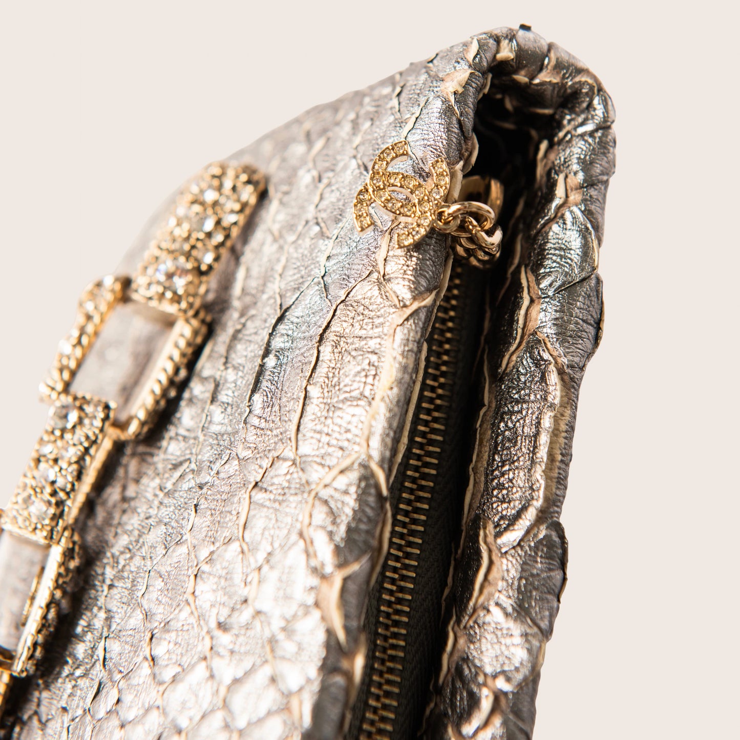 Chanel Metallic Python Crystal Paris Bombay Clutch Silver