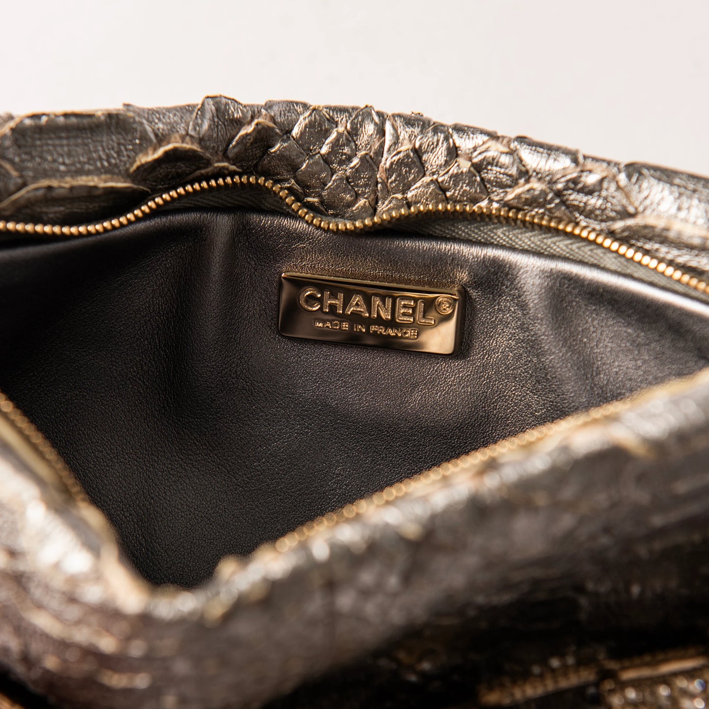 Chanel Metallic Python Crystal Paris Bombay Clutch Silver