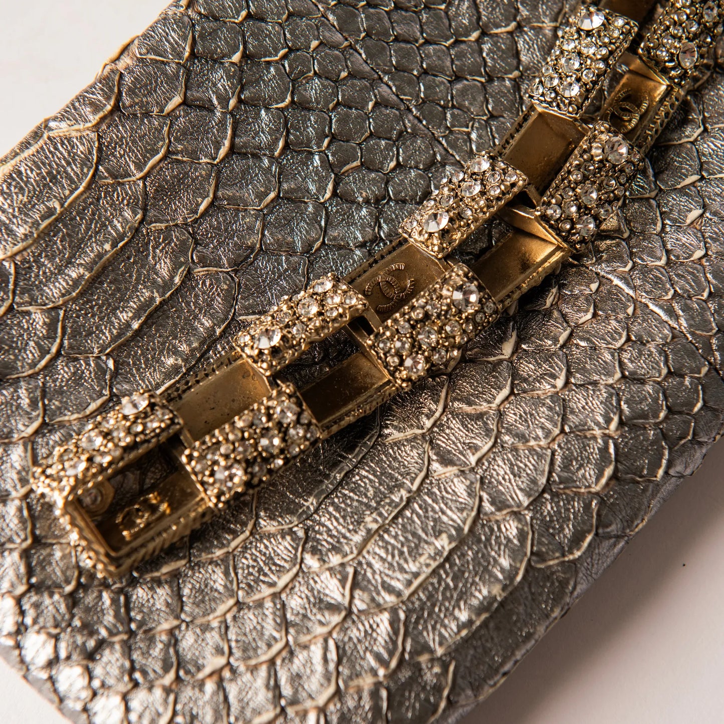 Chanel Metallic Python Crystal Paris Bombay Clutch Silver