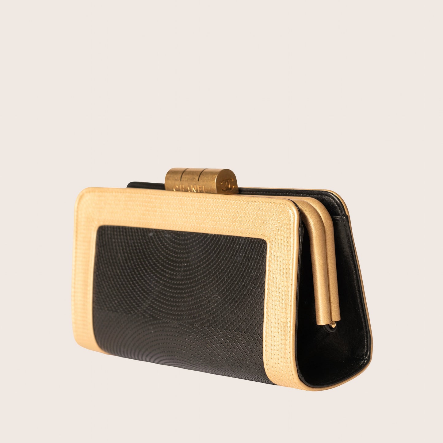 Chanel Lambskin Stitched Clutch Black Gold