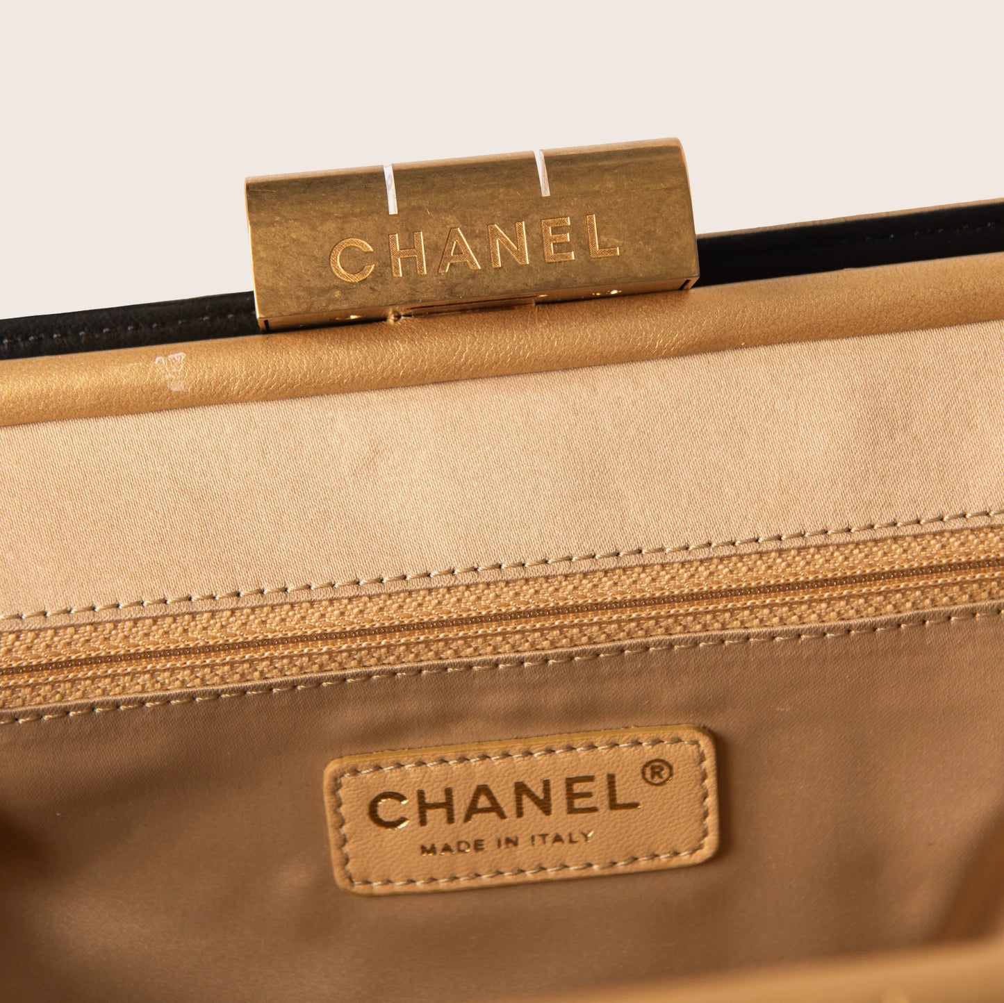 Chanel Lambskin Stitched Clutch Black Gold