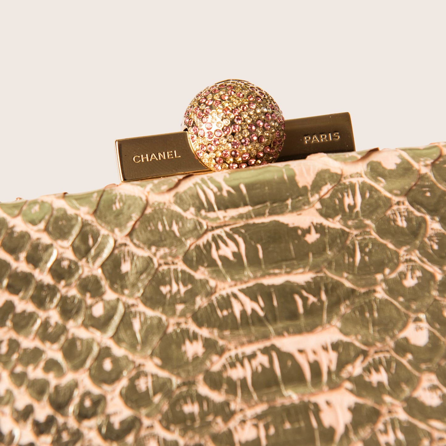Chanel Gold Metallic Python Clutch with Crystal Top Clasp