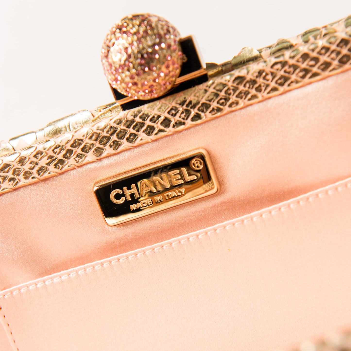 Chanel Gold Metallic Python Clutch with Crystal Top Clasp