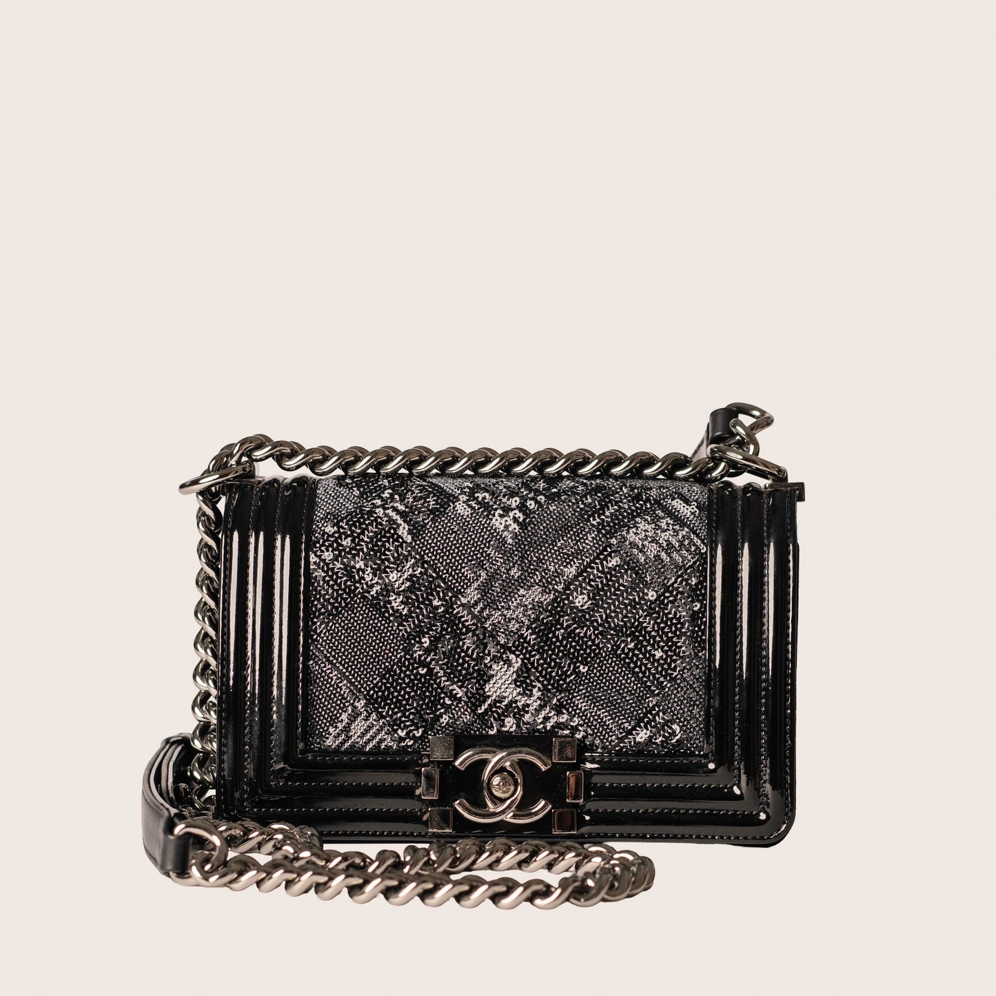 Chanel Black Quilted Patent Leather & Sequin Small Boy Bag