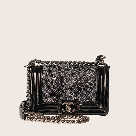 Chanel Black Quilted Patent Leather & Sequin Small Boy Bag