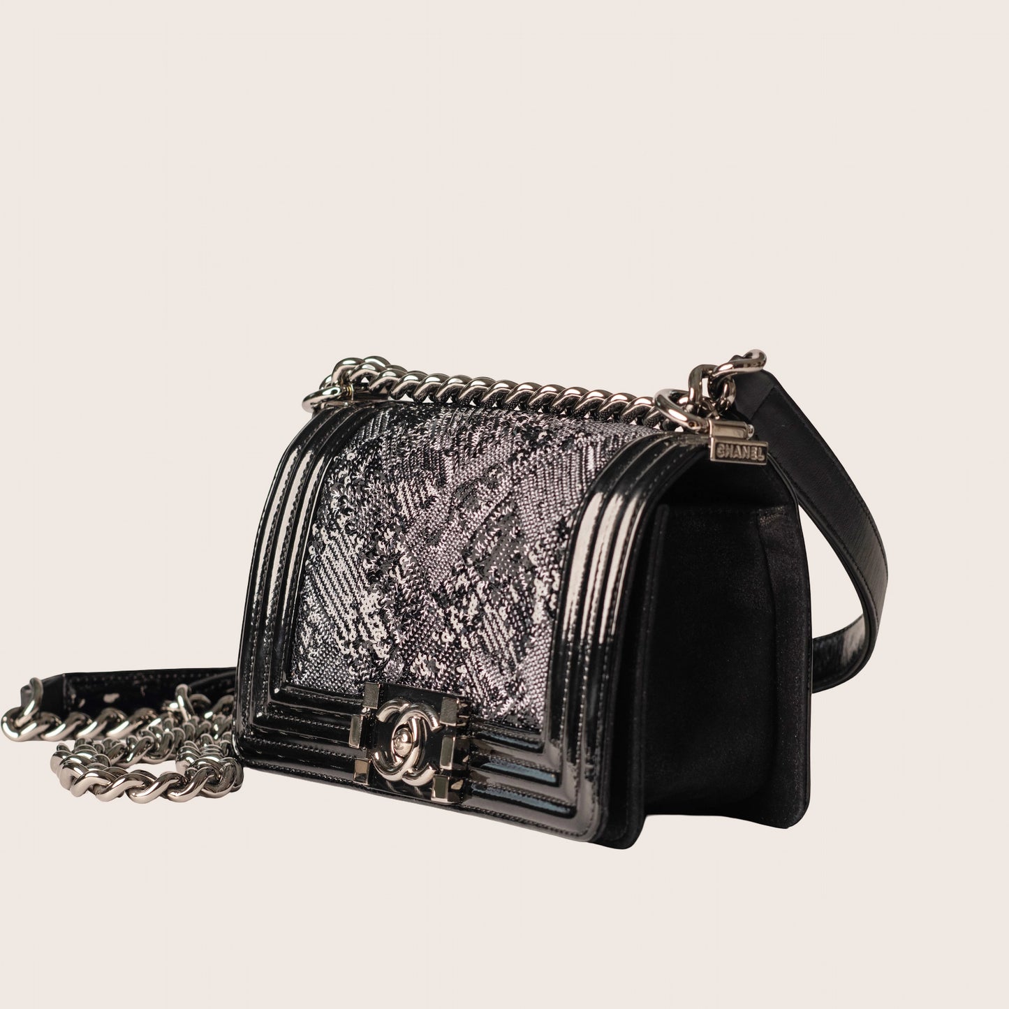 Chanel Black Quilted Patent Leather & Sequin Small Boy Bag