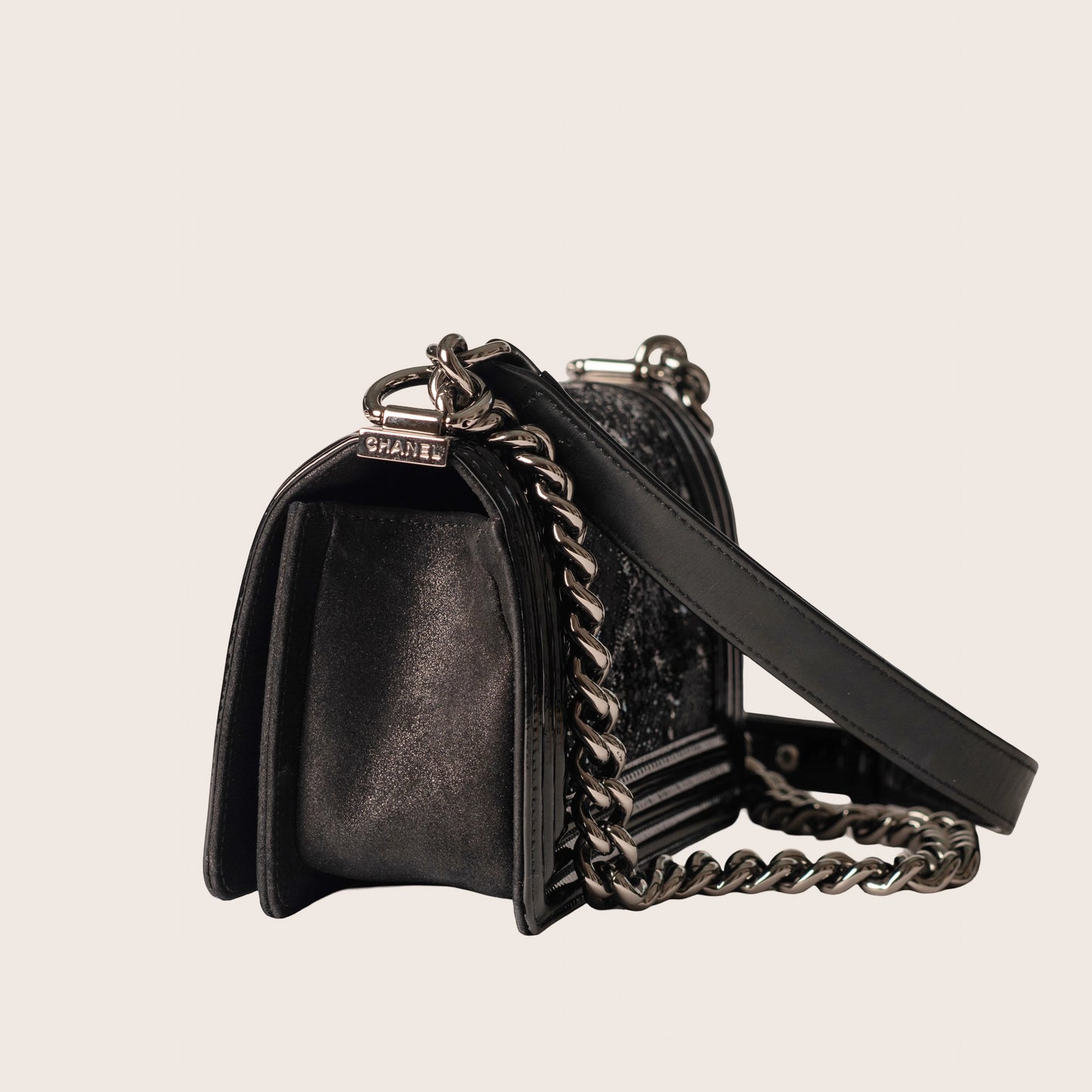 Chanel Black Quilted Patent Leather & Sequin Small Boy Bag