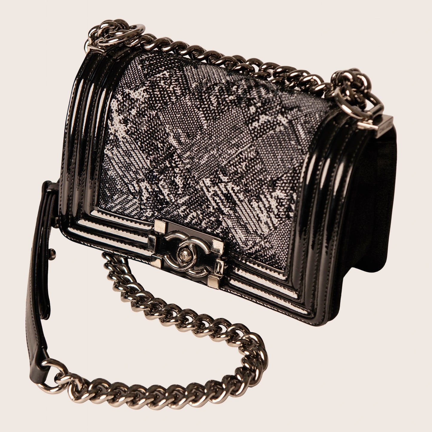 Chanel Black Quilted Patent Leather & Sequin Small Boy Bag
