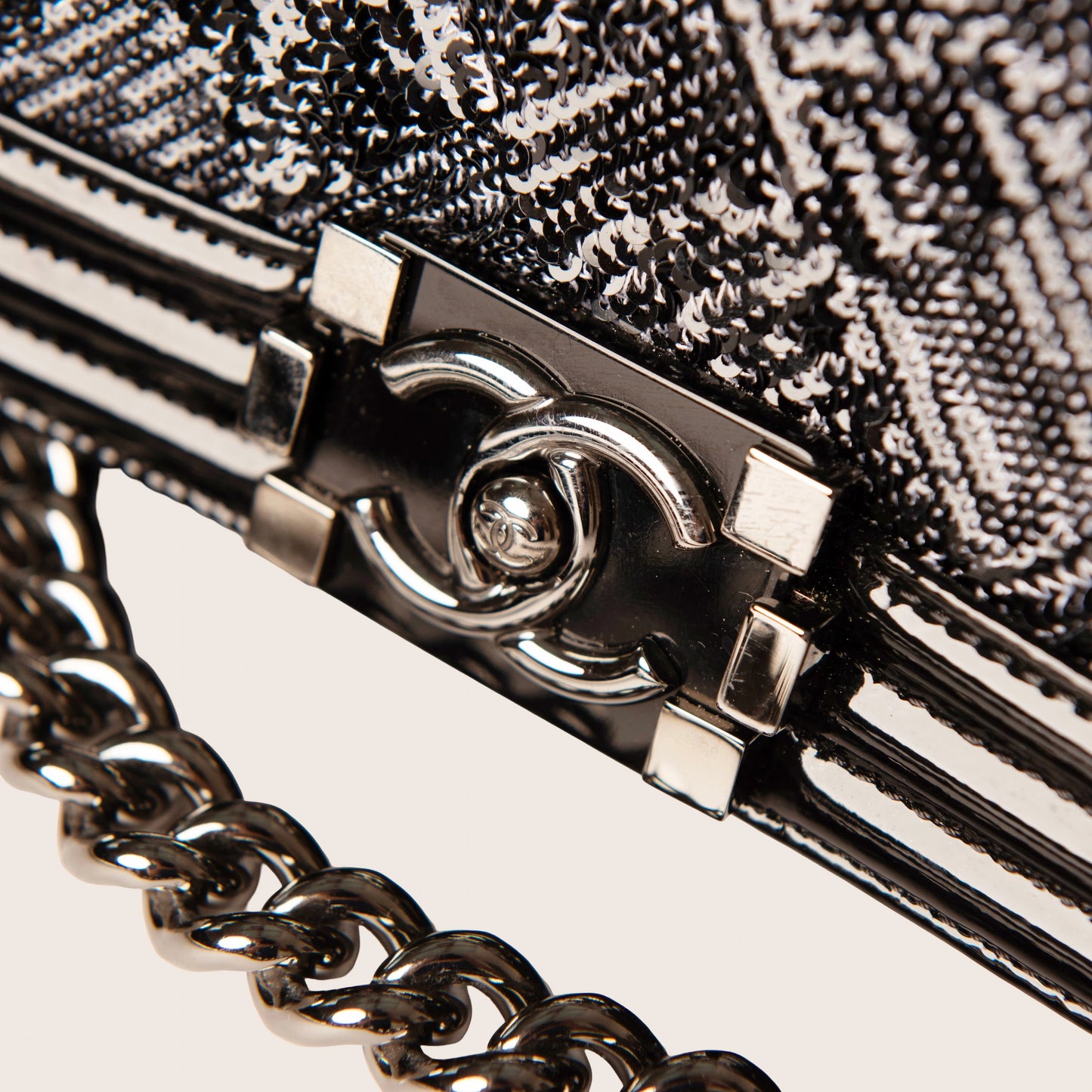 Chanel Black Quilted Patent Leather & Sequin Small Boy Bag