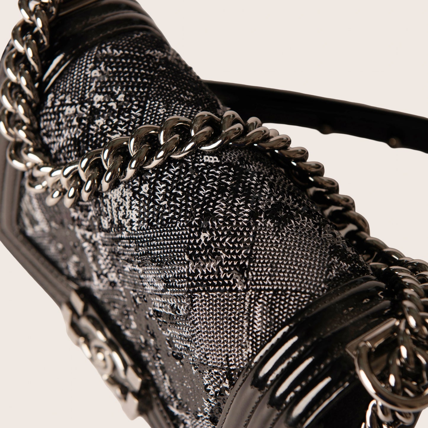 Chanel Black Quilted Patent Leather & Sequin Small Boy Bag