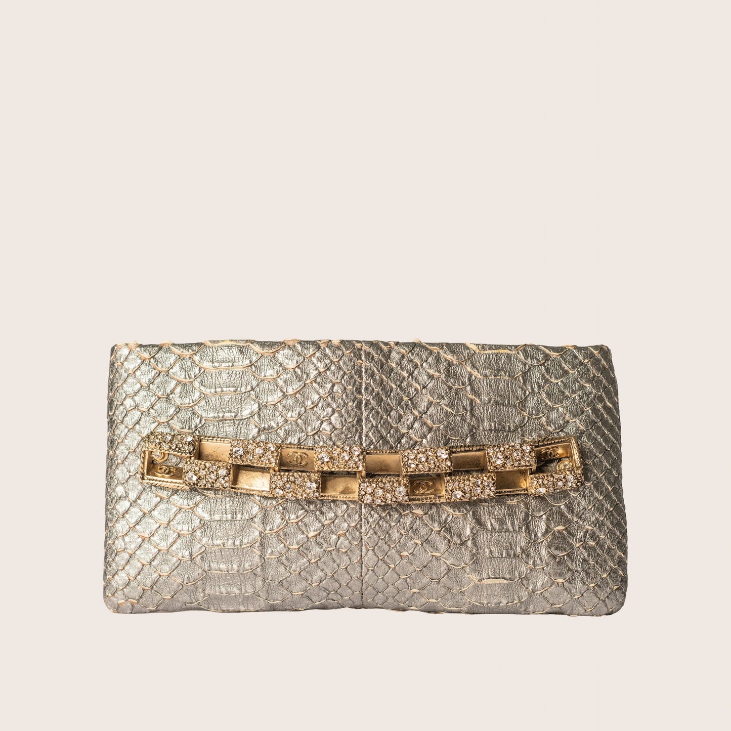 Chanel Metallic Python Crystal Paris Bombay Clutch Silver