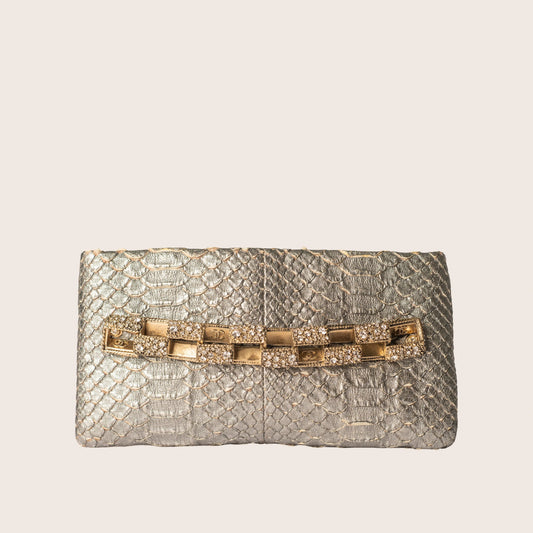 Chanel Metallic Python Crystal Paris Bombay Clutch Silver