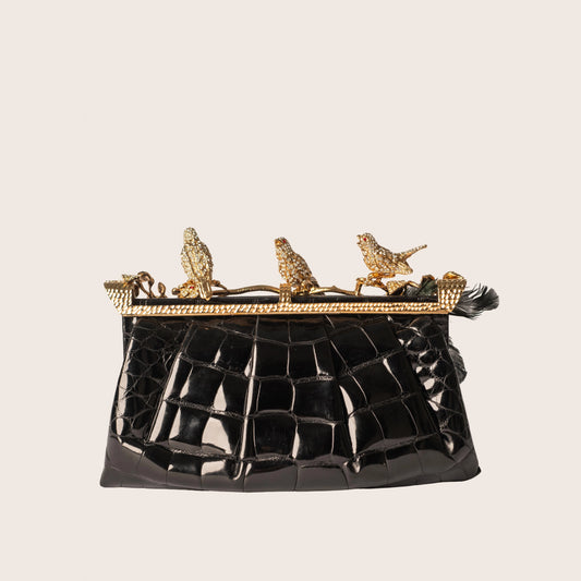 Valentino Black Crocodile Clutch with Crystal Bird Clasp