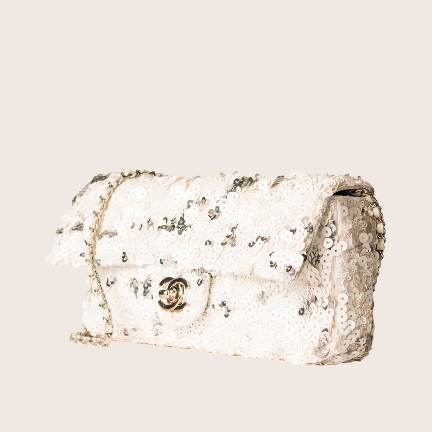 Chanel Silver/White Sequin East/West Flap Bag