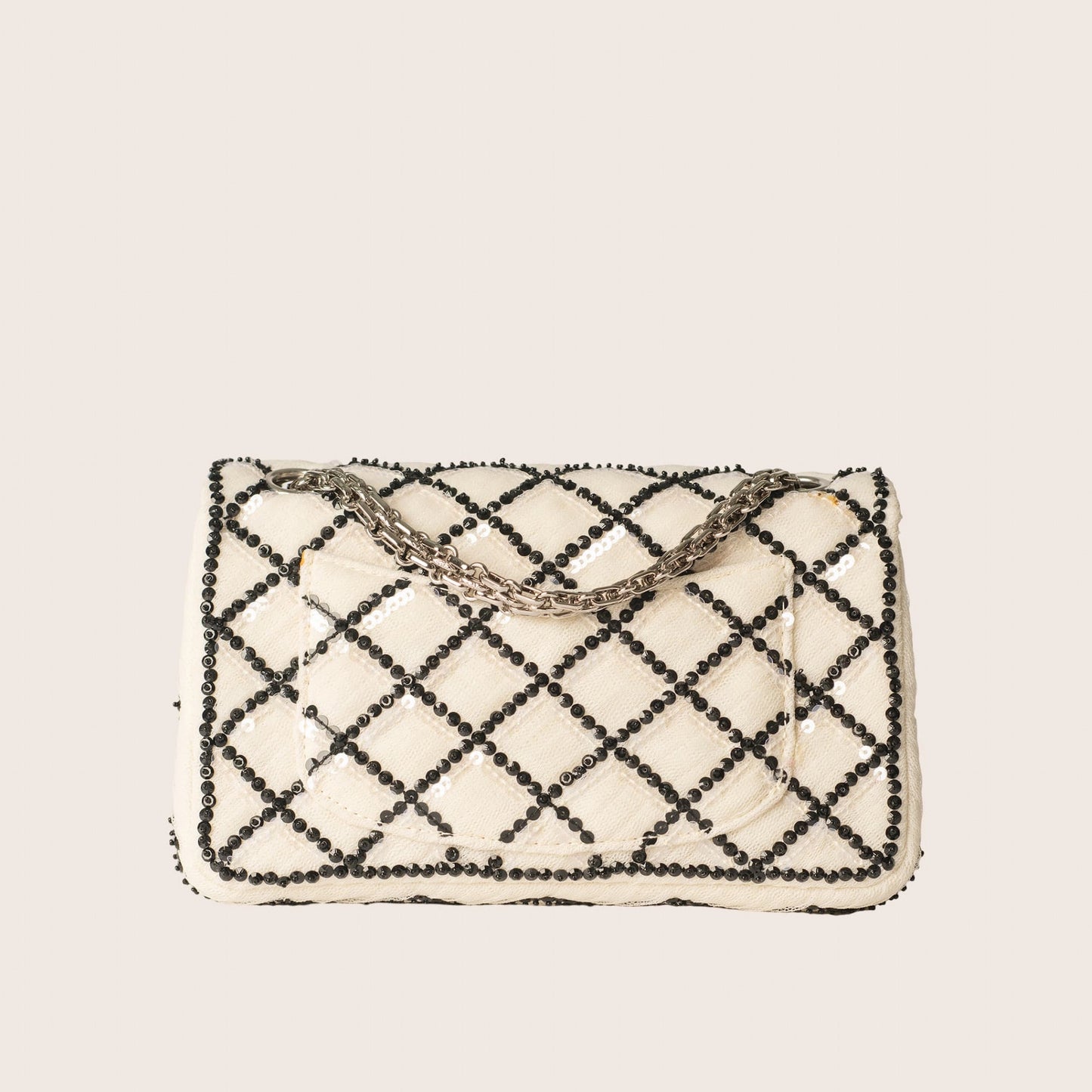 Chanel White Sequin Mesh Black Beaded Quilted 2.55 Reissue 225 Double Flap