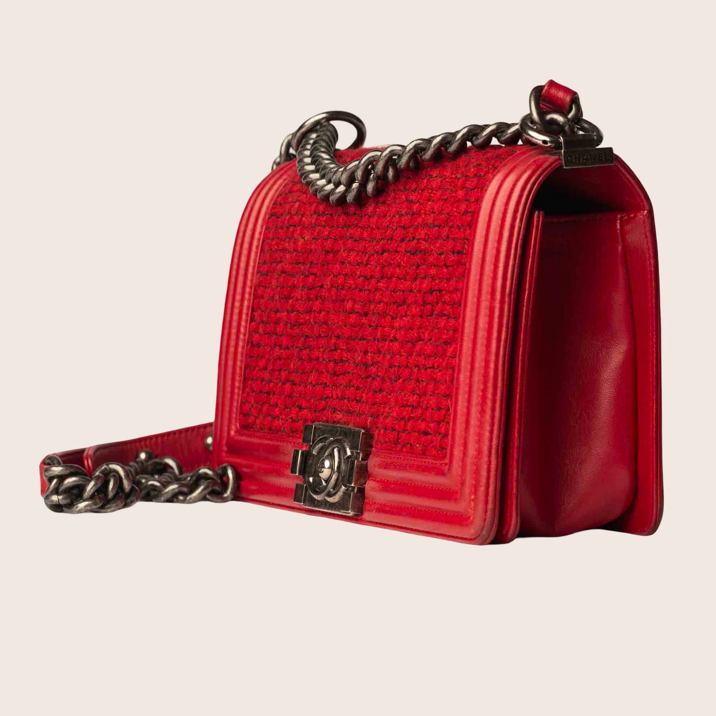 Chanel Red Quilted Tweed Lambskin Old Boy Bag