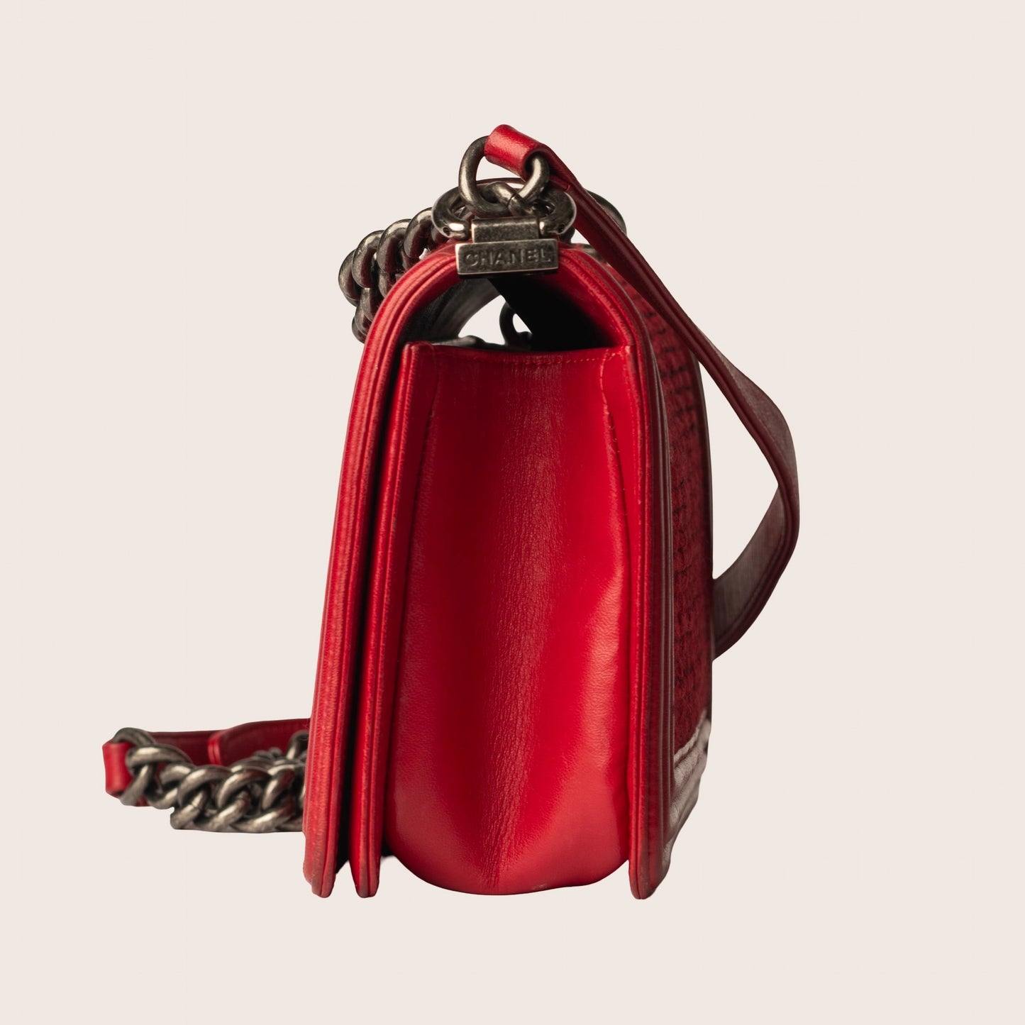 Chanel Red Quilted Tweed Lambskin Old Boy Bag