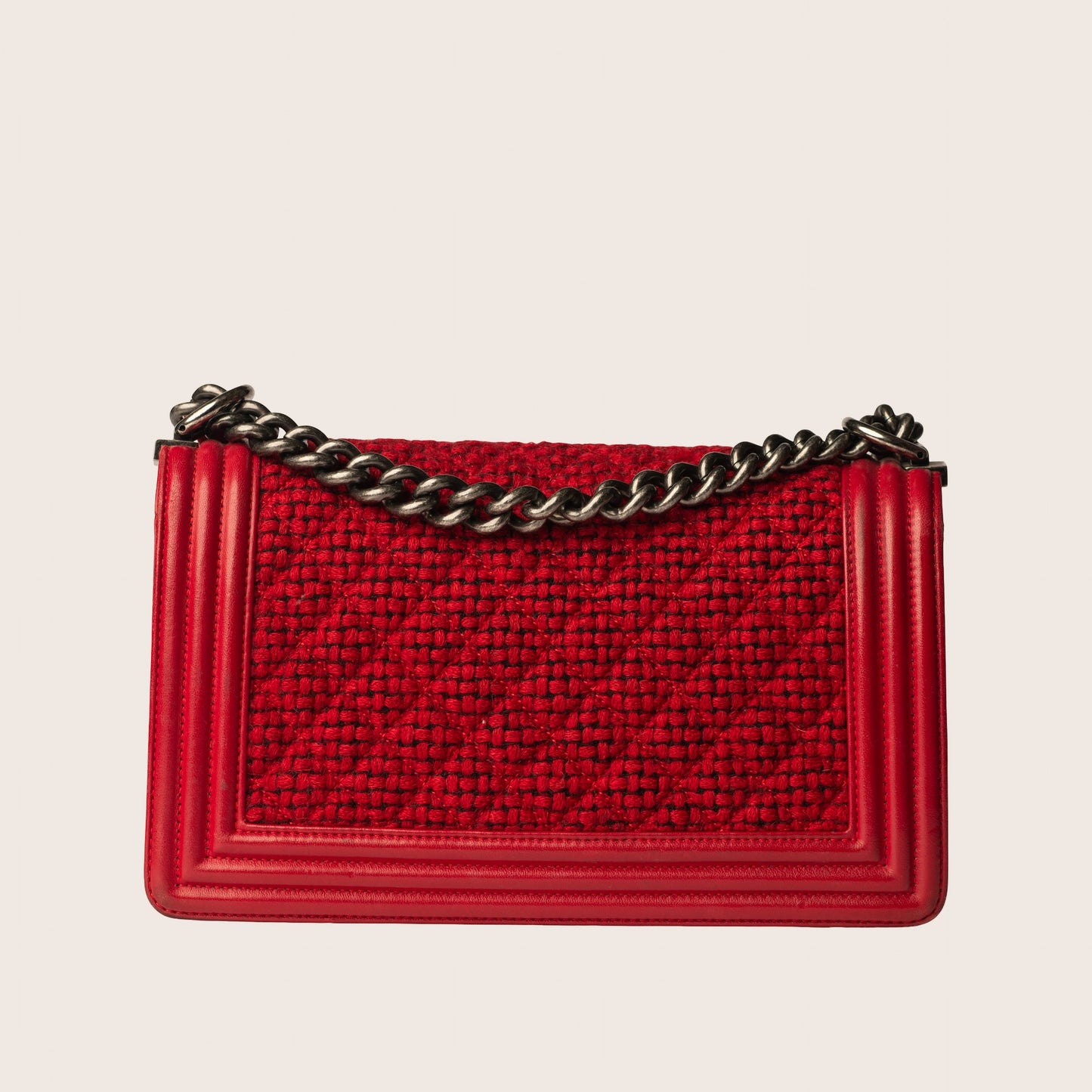 Chanel Red Quilted Tweed Lambskin Old Boy Bag
