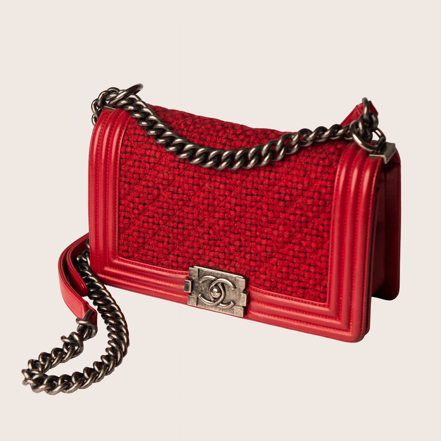 Chanel Red Quilted Tweed Lambskin Old Boy Bag