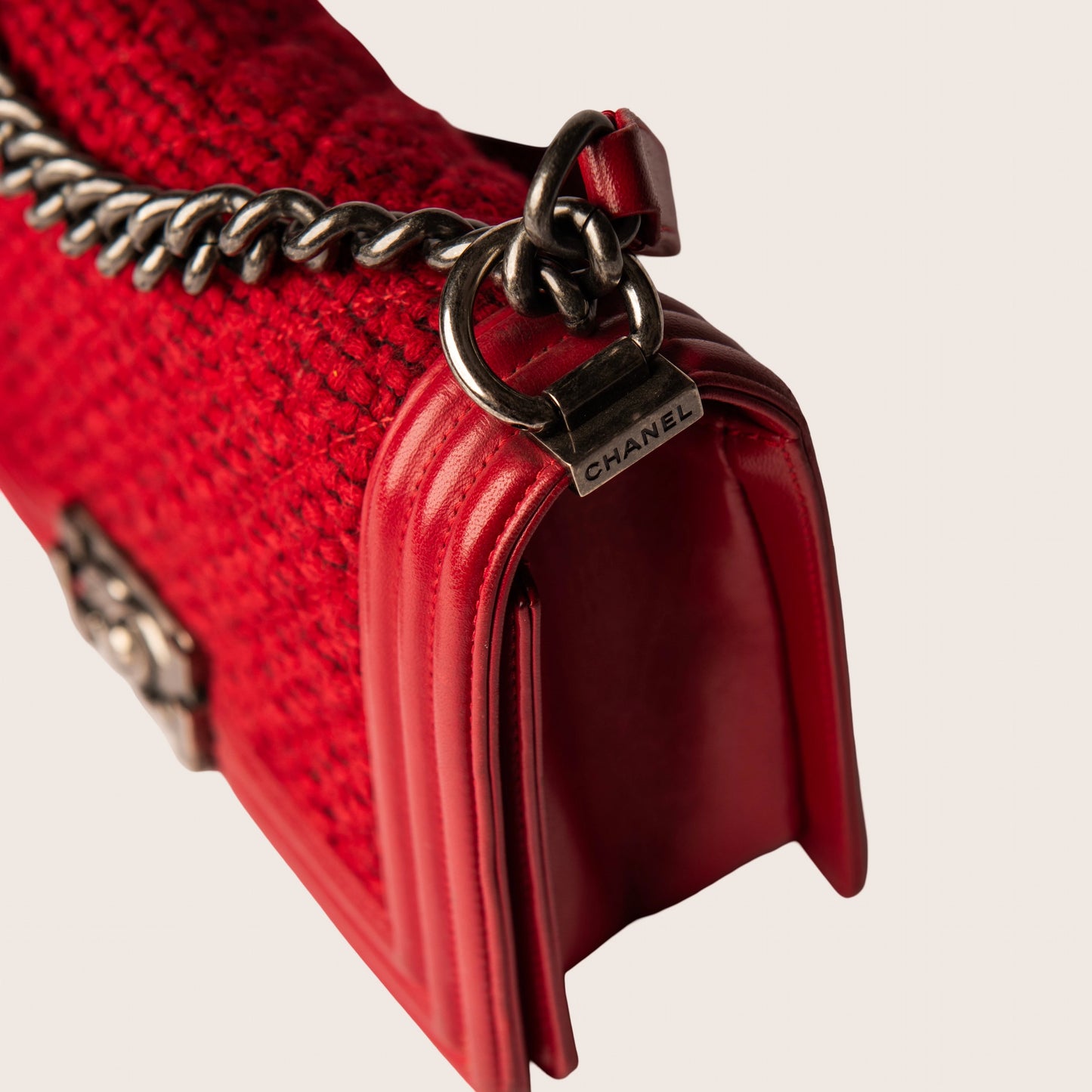 Chanel Red Quilted Tweed Lambskin Old Boy Bag