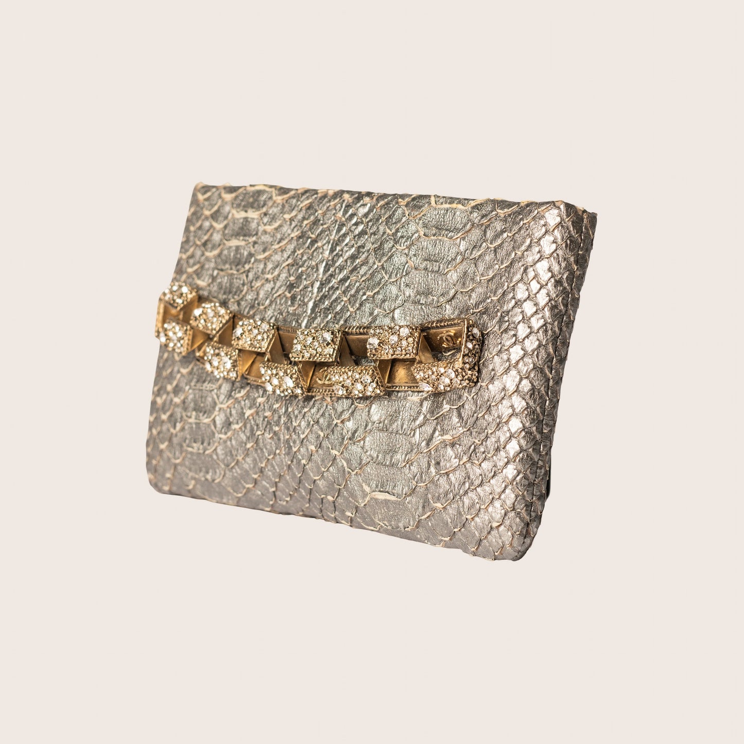 Chanel Metallic Python Crystal Paris Bombay Clutch Silver