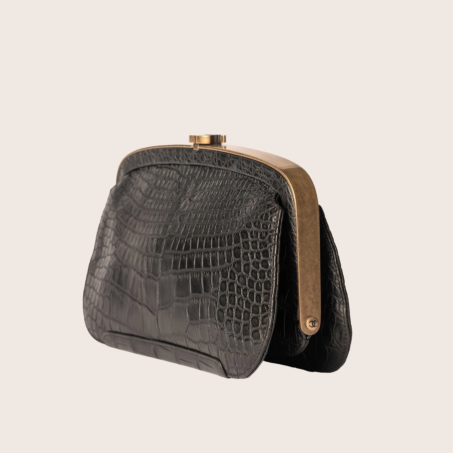 Chanel Vintage Crocodile Frame Clutch with Brass Hardware