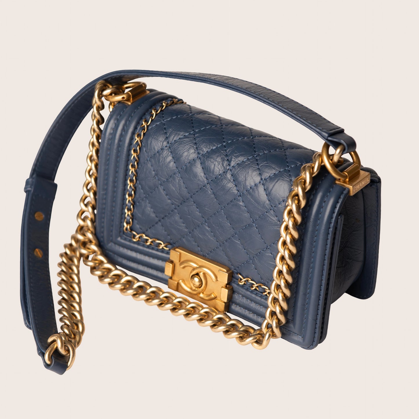 Chanel Aged Calfskin Quilted Small Jacket Boy Flap in Navy