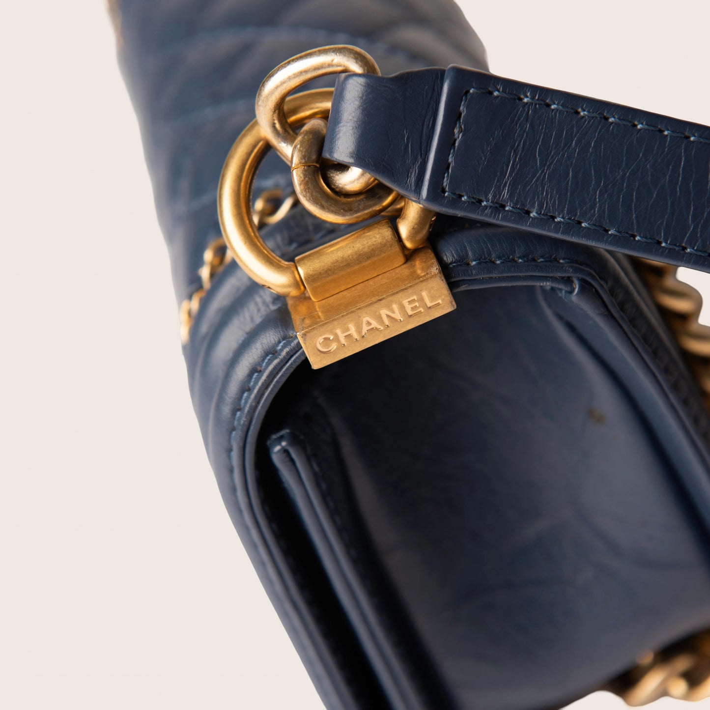 Chanel Aged Calfskin Quilted Small Jacket Boy Flap in Navy