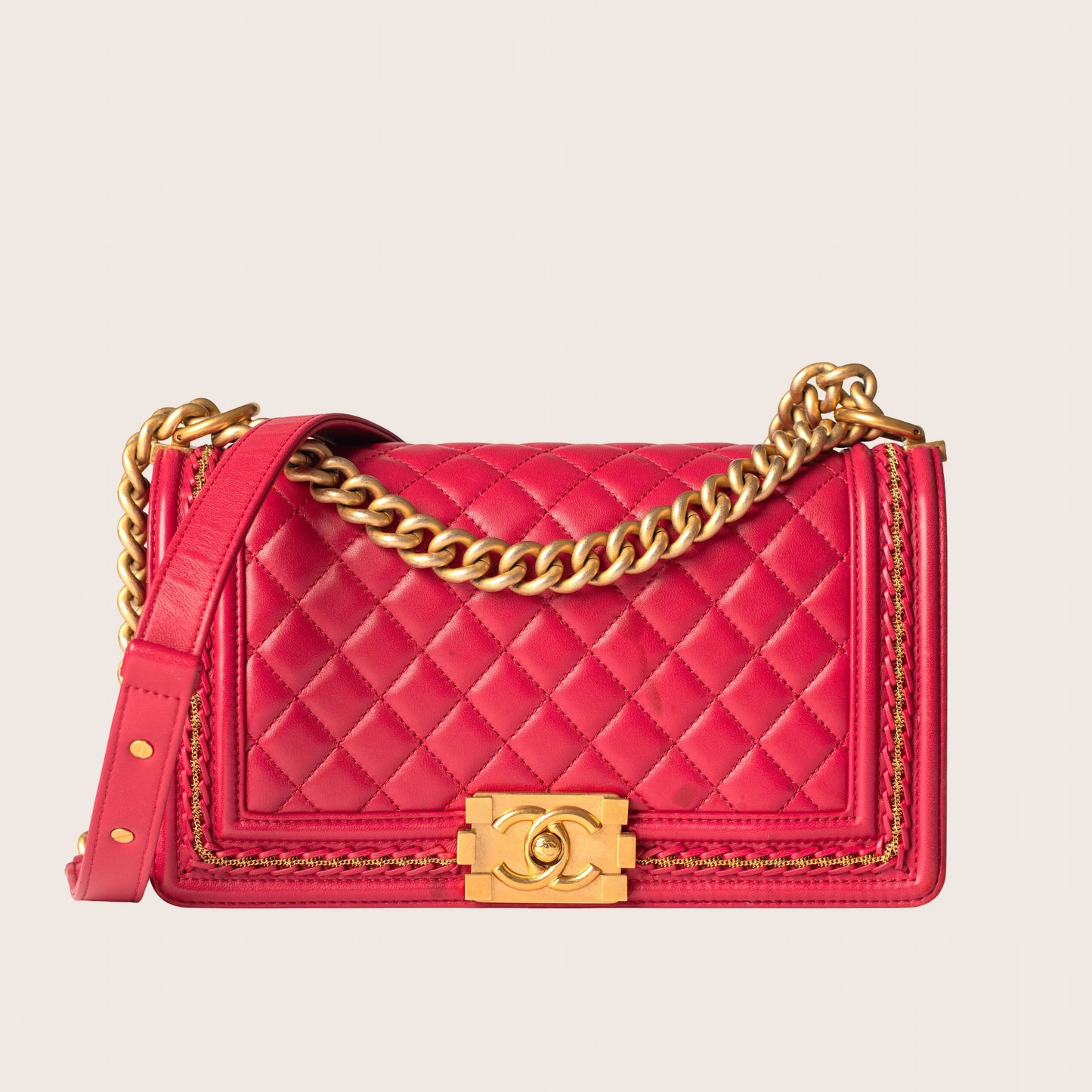 Chanel Red Quilted Lambskin Leather Chain Top Handle Boy Bag