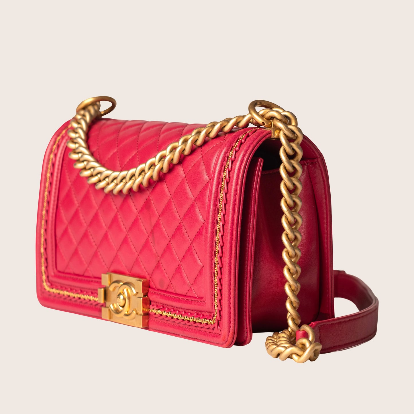 Chanel Red Quilted Lambskin Leather Chain Top Handle Boy Bag