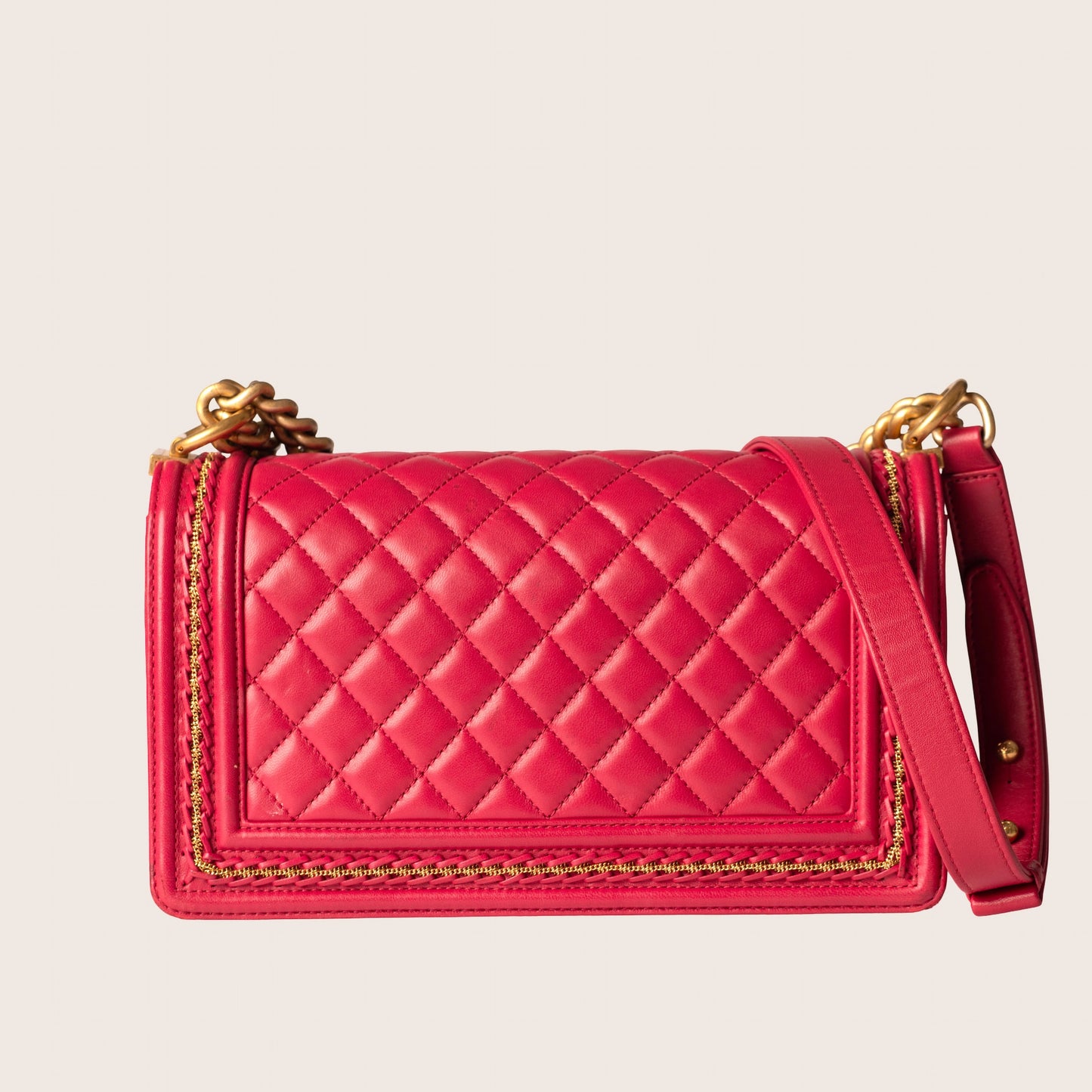 Chanel Red Quilted Lambskin Leather Chain Top Handle Boy Bag