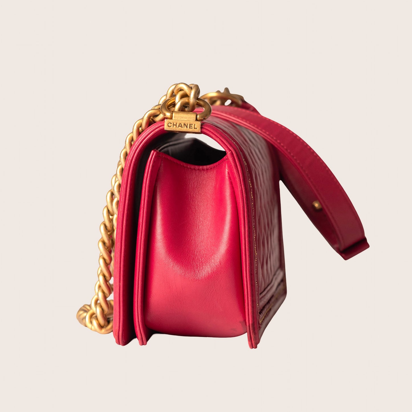 Chanel Red Quilted Lambskin Leather Chain Top Handle Boy Bag